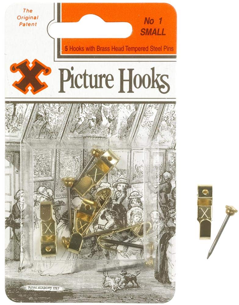 Picture Hooks Brass Plated, NO.1 (PK5), Fastener Material Steel, Product Range X - Picture Hooks, Hardware Fasteners /, 5 Piece in Pack - 12822