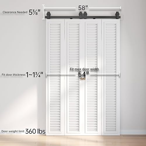 Miniatura 6 de EaseLife Kit de riel de 54 pulgadas para puerta corrediza de granero biplegable para 4 puertas de armario, rodillo de montaje superior, resistente,