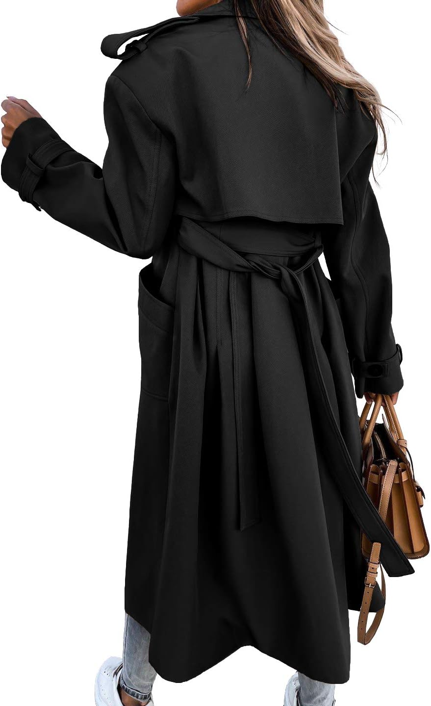Fisoew Women's Double Breasted Long Trench Coat Windproof Classic Lapel Belted Overcoat with Pockets - Image 4