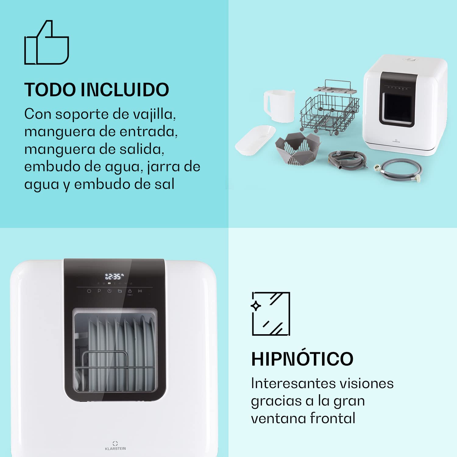 Klarstein Lavavajillas Pequeño de Sobremesa, Mini Lavavajillas 3 Cubiertos, Portatil Silencioso para Encimera, 7 Programas de Lavado, Compacto para Casa, Sin Fontanería