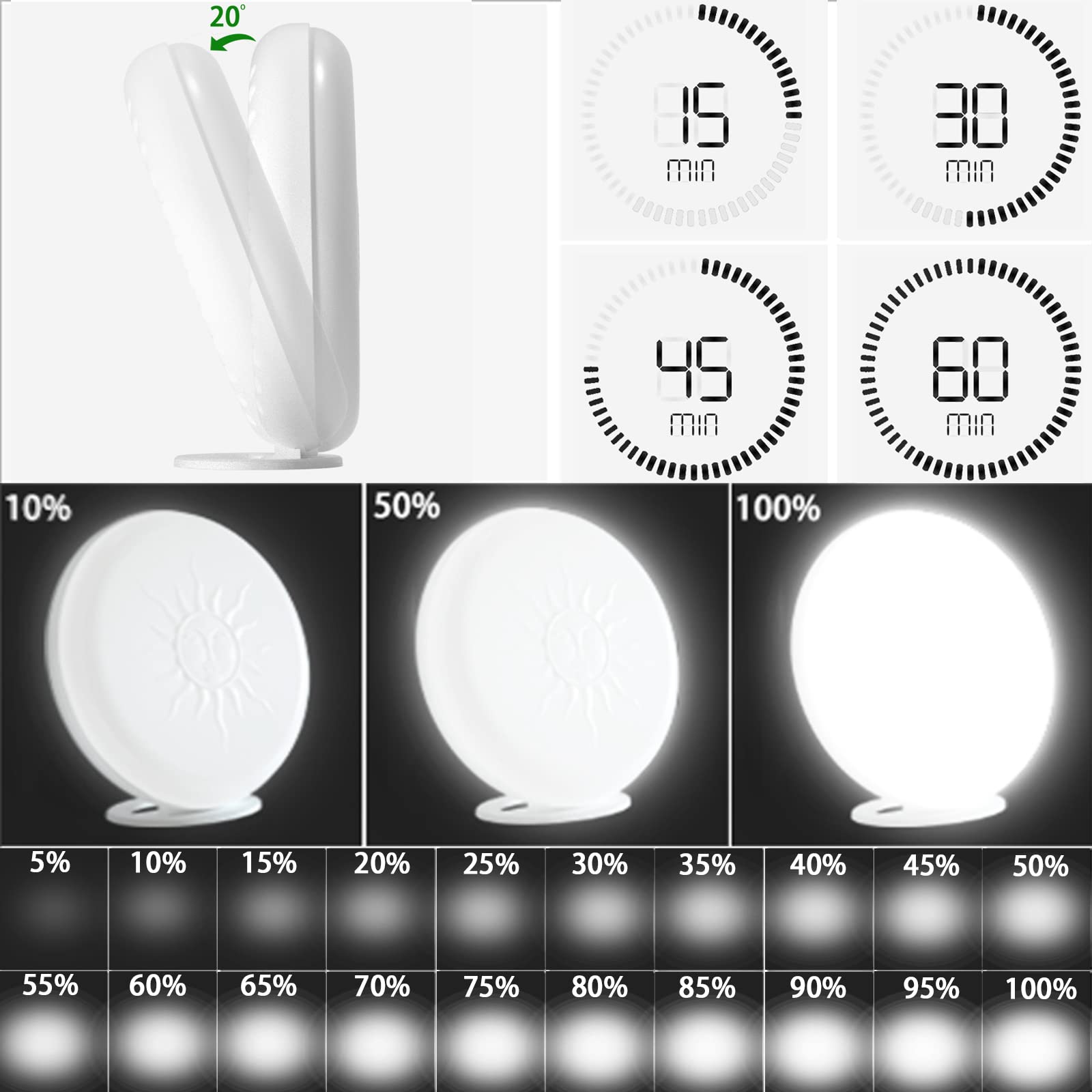 lampada diurna,10.000Lux,Lampada Naturale Alla Luce solare,Con Timer,Telecomando