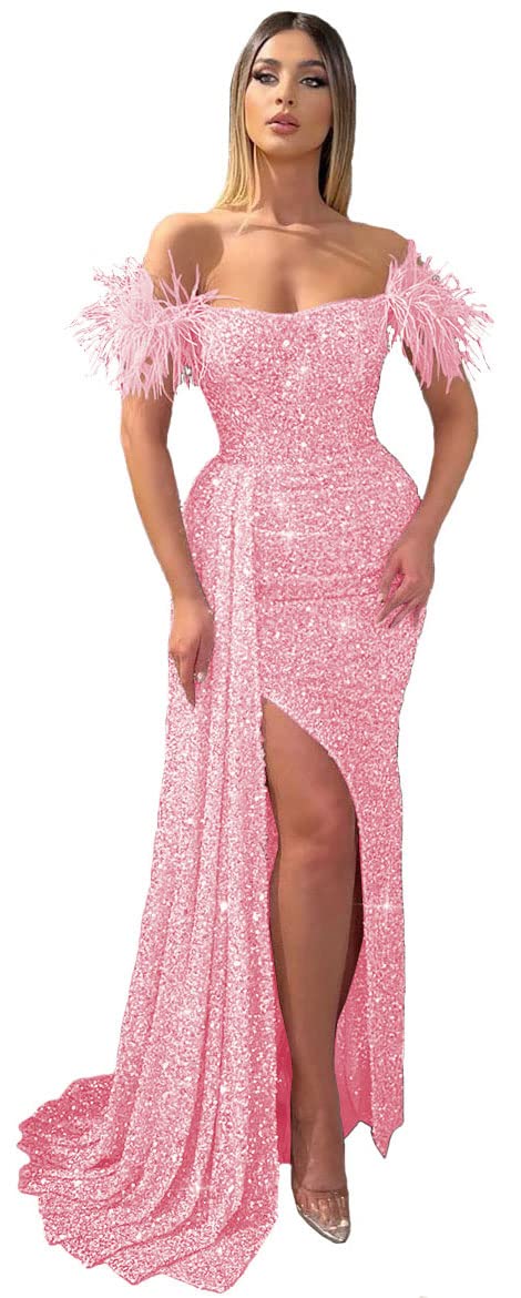 Zhangyo Off Shoulder Formal Dresses for Women Mermaid Sparkly Baby Pink Holiday Party Dresses Sparkly Sequins Feather Prom Dresses for Wedding 4