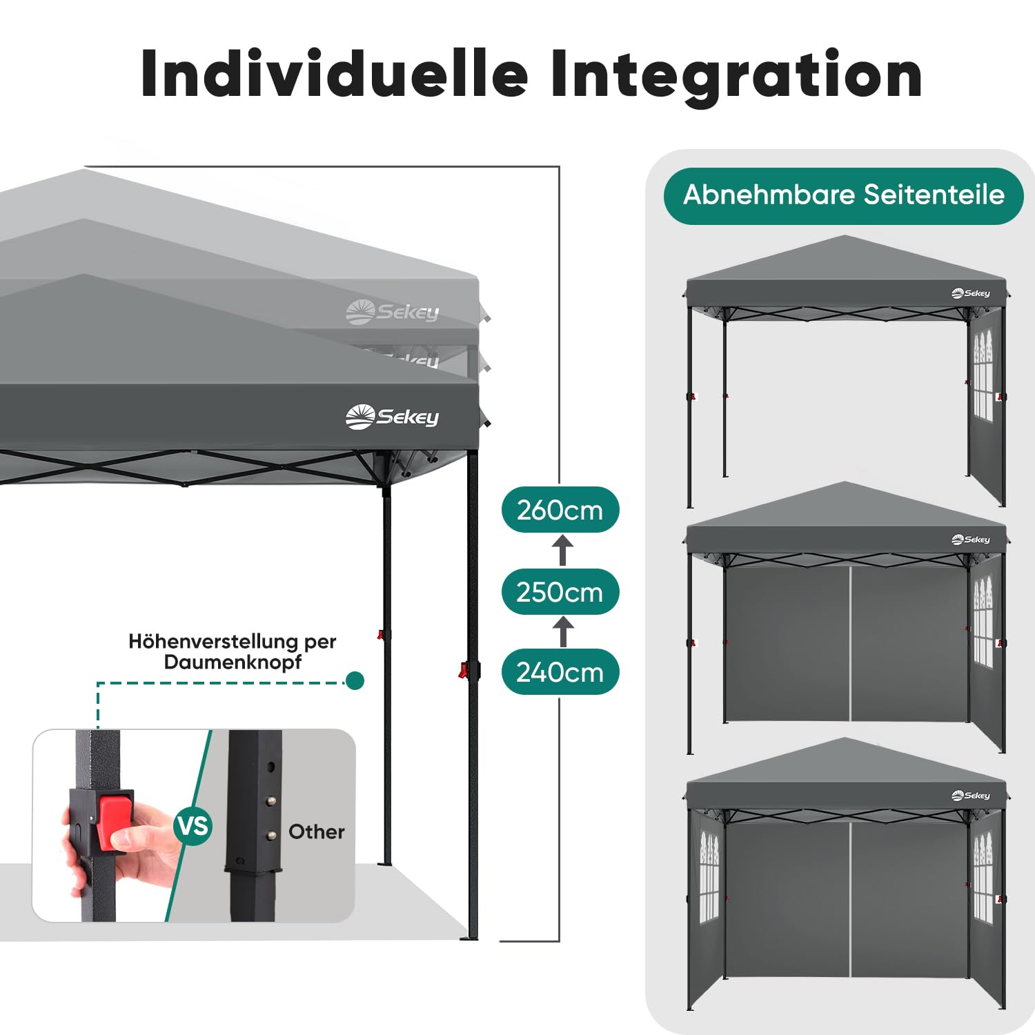 Sekey Tonnelle pop-up de 3 x 3 m, imperméable, stable, pliante, 3 x 3 m, avec parois latérales, tente de fête, pliable, pour camping, fête, hauteur réglable en continu de 250 à 270 cm (gris, 3 x 3 m)