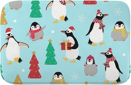 Cute Penguin in Christmas Costume Washable Rug 18X30in Bathroom Toilet Rugs Bath Matts Outside Door Mats Instant Dry Water Proof Anti Slip Patterned