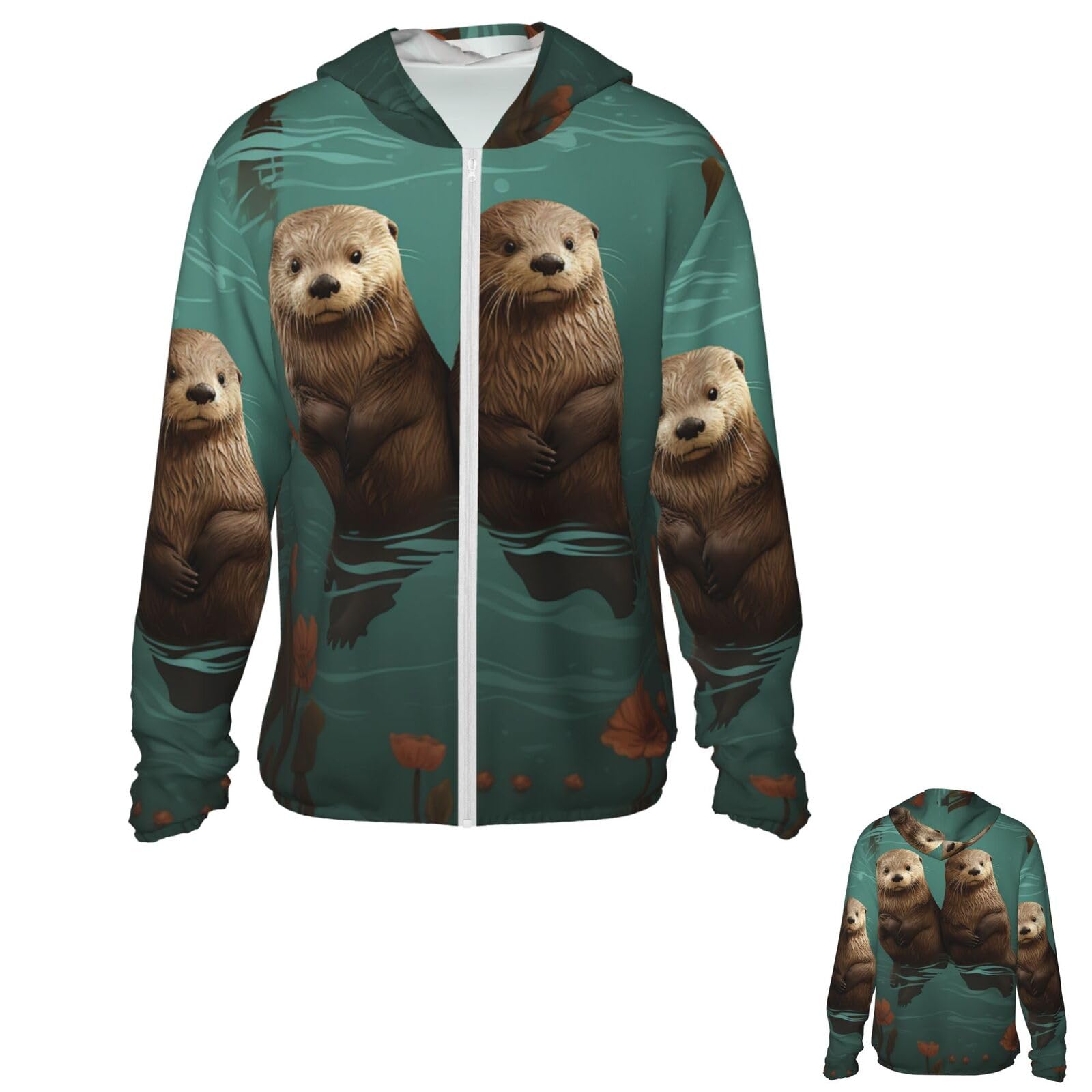 NONHAI Men's Sun Protection Jacket UPF 50+ Full Zipper Long Sleeve UV Hoodie Shirt Otters in Love Women's Outdoor Jacket Black