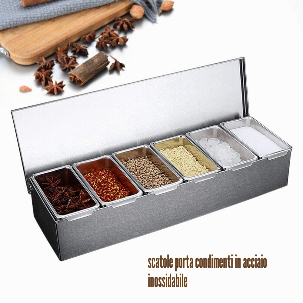 Contenitore per ingredienti in acciaio inox, 6 scomparti, contenitore in acciaio inox, capacità con coperchi per spezie, utensili da cucina
