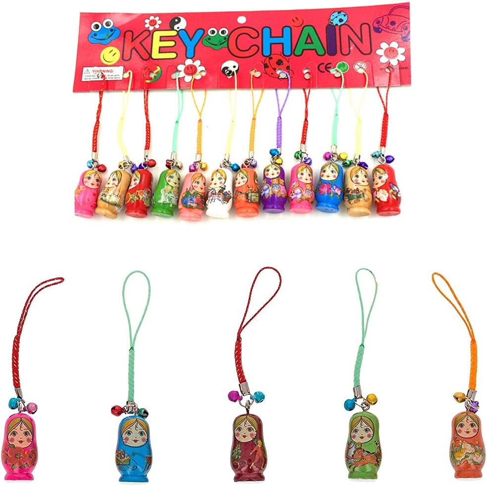 Set of 12 Fashion Jewelry Drip Charm Key Chains Wood Matryoshka Russian Dolls Key Rings Keychains Decorative Gifts