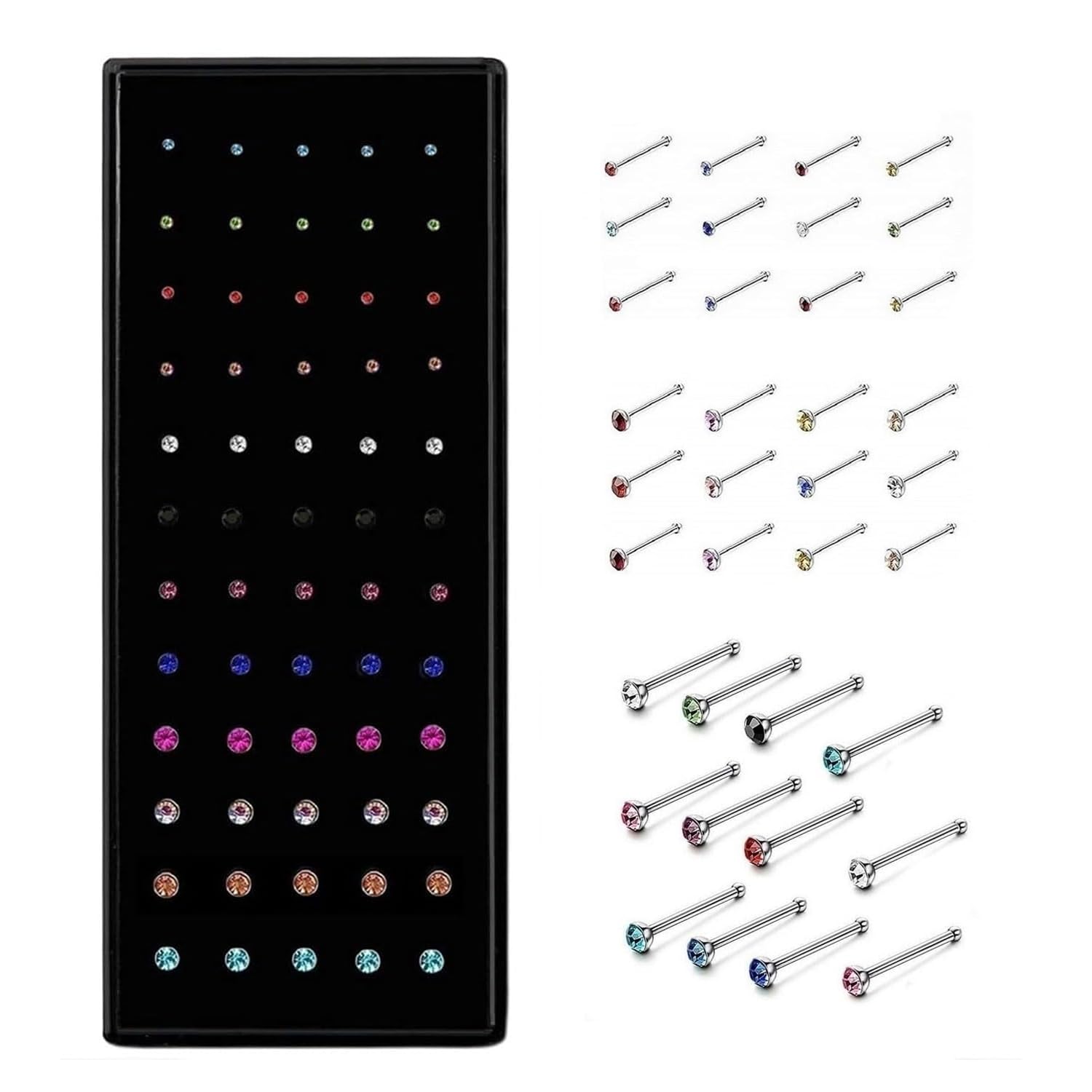 FASHIONS 60 Pcs Multicolor Nose Pin Piercing Jewelry Hole Nose Ring Sterling Nose pins 1.5-3mm Studs for Women & Girls, 1.5 - 2.5 - 3mm, Sterling Silver, No Gemstone