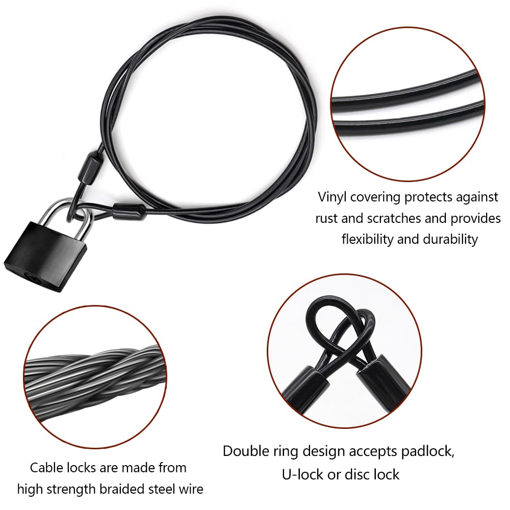 4 piezas Cable de seguridad de acero 1m,Cable Antivol,Cables de bloqueo con revestimiento de PVC,Trenzado con hebilla Cable para equipaje al aire libre Viajes Familia (Negro,Plata)