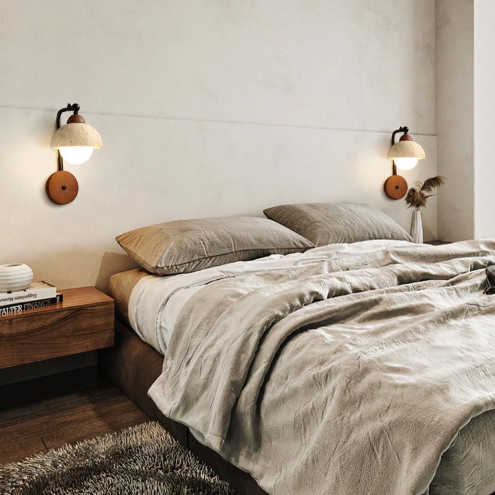 Modern Wall Sconce with Switch 180° Rotation LED Natural Stone Wall Light Fixture Vintage Farmhouse Wood Wall Mounted Light Yellow Travertine Adjustable Wall Mounted Lamp for Bedroom Stairs