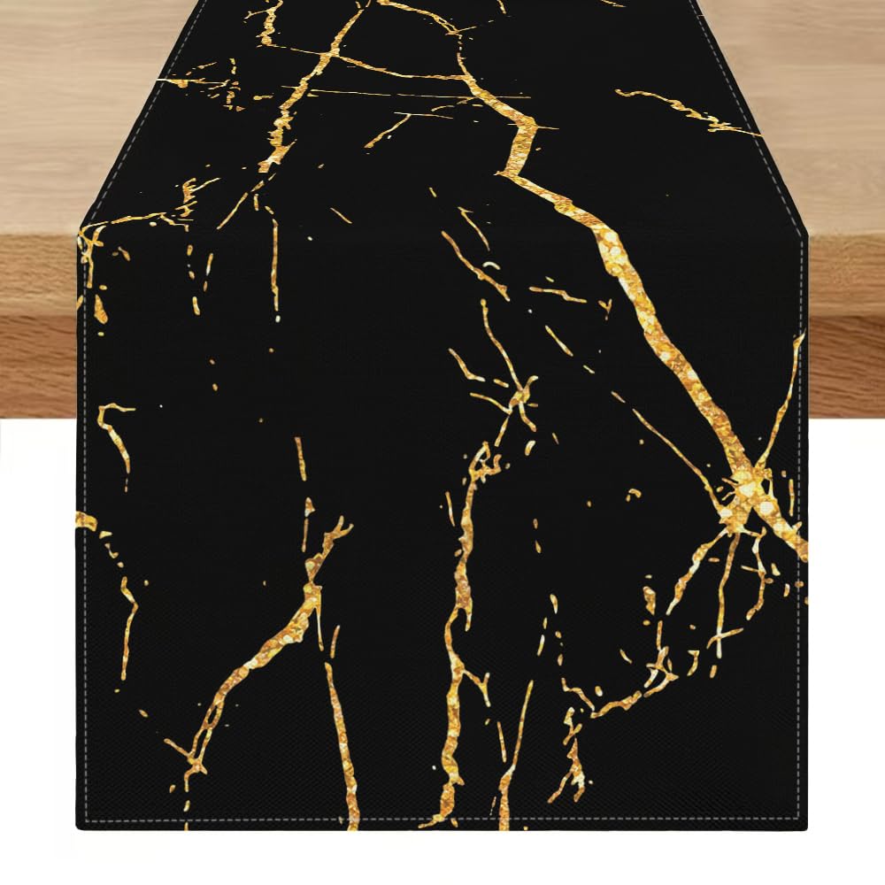 Modern Table Runner, 40 x 200 cm, Black and Gold, Table Runner in Linen Marble Gold Textured Vintage Decoration for Dining Room, Kitchen, Farm, Wedding, Spring Summer Coffee