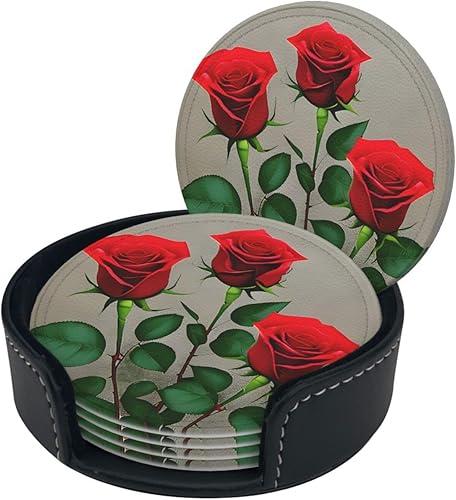 Miniatura 2 de Red Rose Flowers 1 Leather Coasters for Drinks Set of 6 for Tabletop Protection, Elegant Home Decor & Housewarming Gift