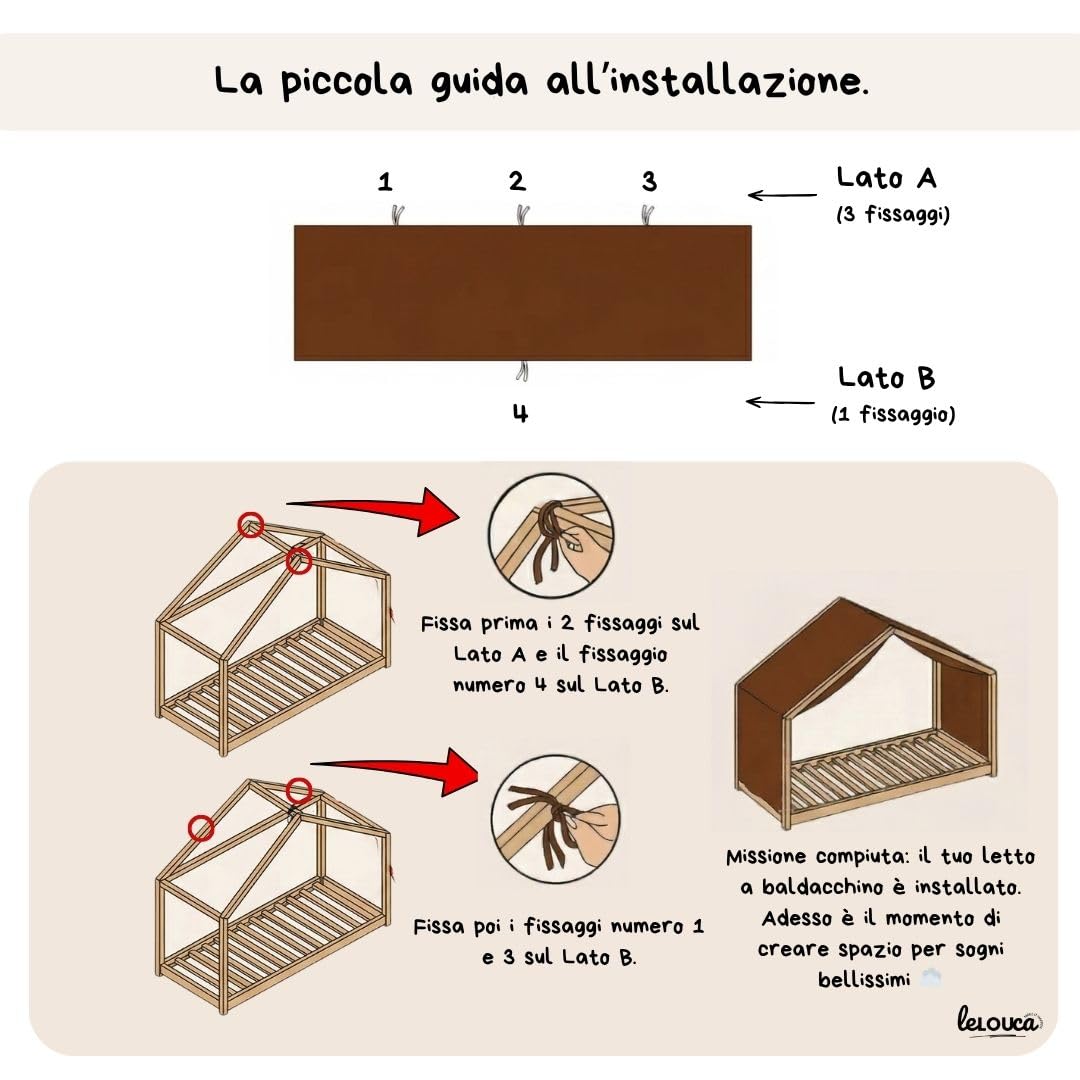 Tenda Letto Bambini Cotone Bio Beige, 100 x 350 cm, Tenda Letto Montessori, Set di decorazioni per la cambretta dei bambini con elementi decorativi e foglia inclusa