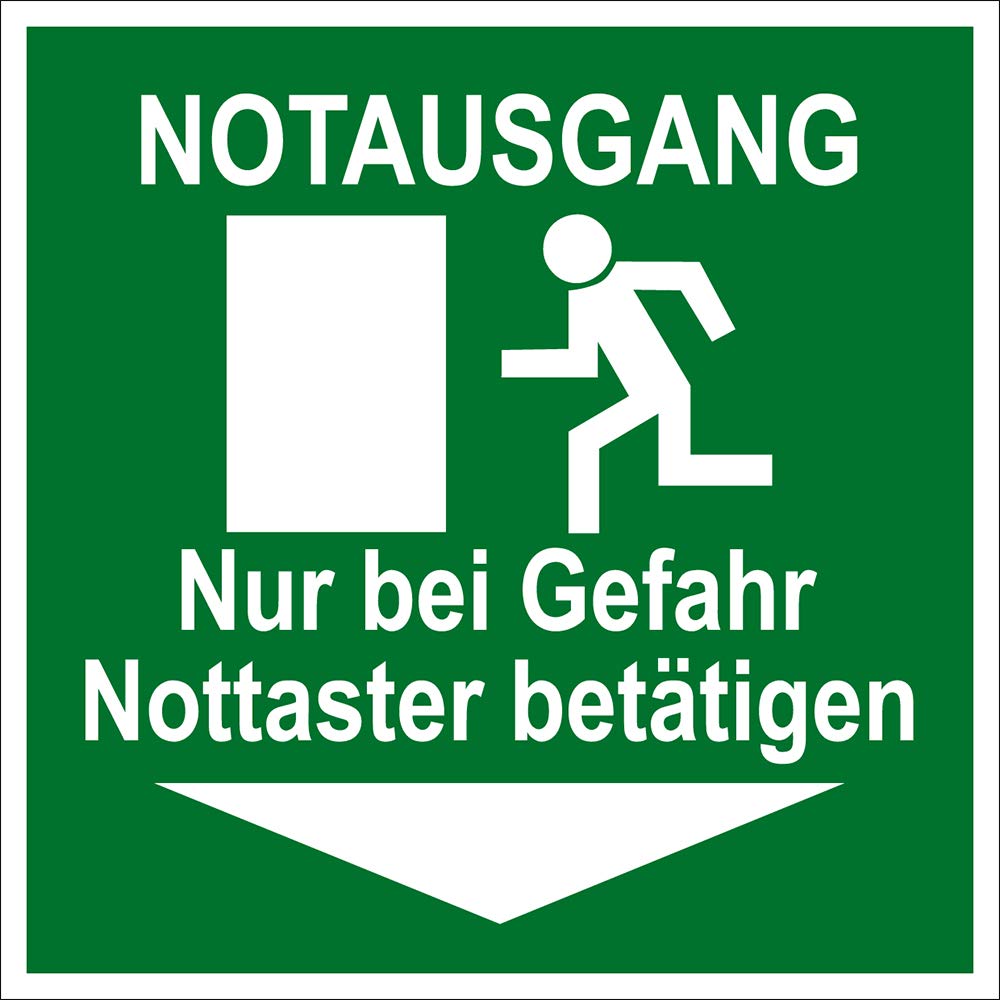 Rettungszeichen - Notausgang Nur bei Gefahr Nottaster betätigen - Kunststoff Selbstklebend - Langnachleuchtend - 30 x 30 cm