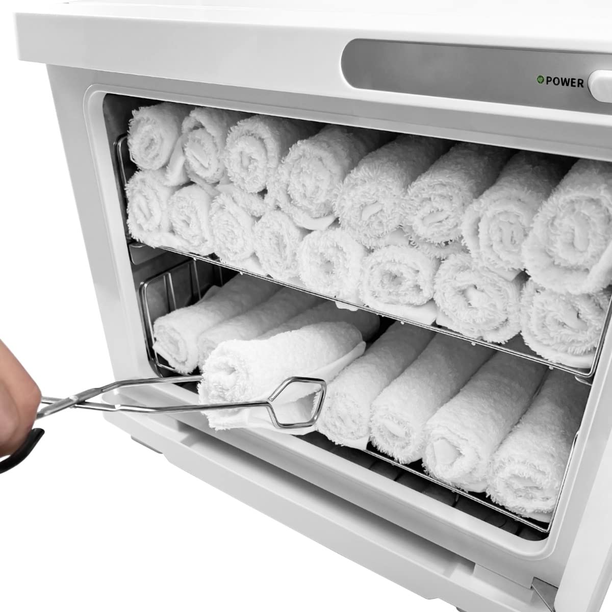 Kompressenwärmer Handtuchwärmer Wärmeschrank Weiß 23L UV-Sterilisation Elektrisch Schönheitssalon Spa Beauty Salon Kosmetik Edelstahl 2 Herausnehmbare Einlegeböden Abtropfschale 200W 2 x GRATIS Zangen