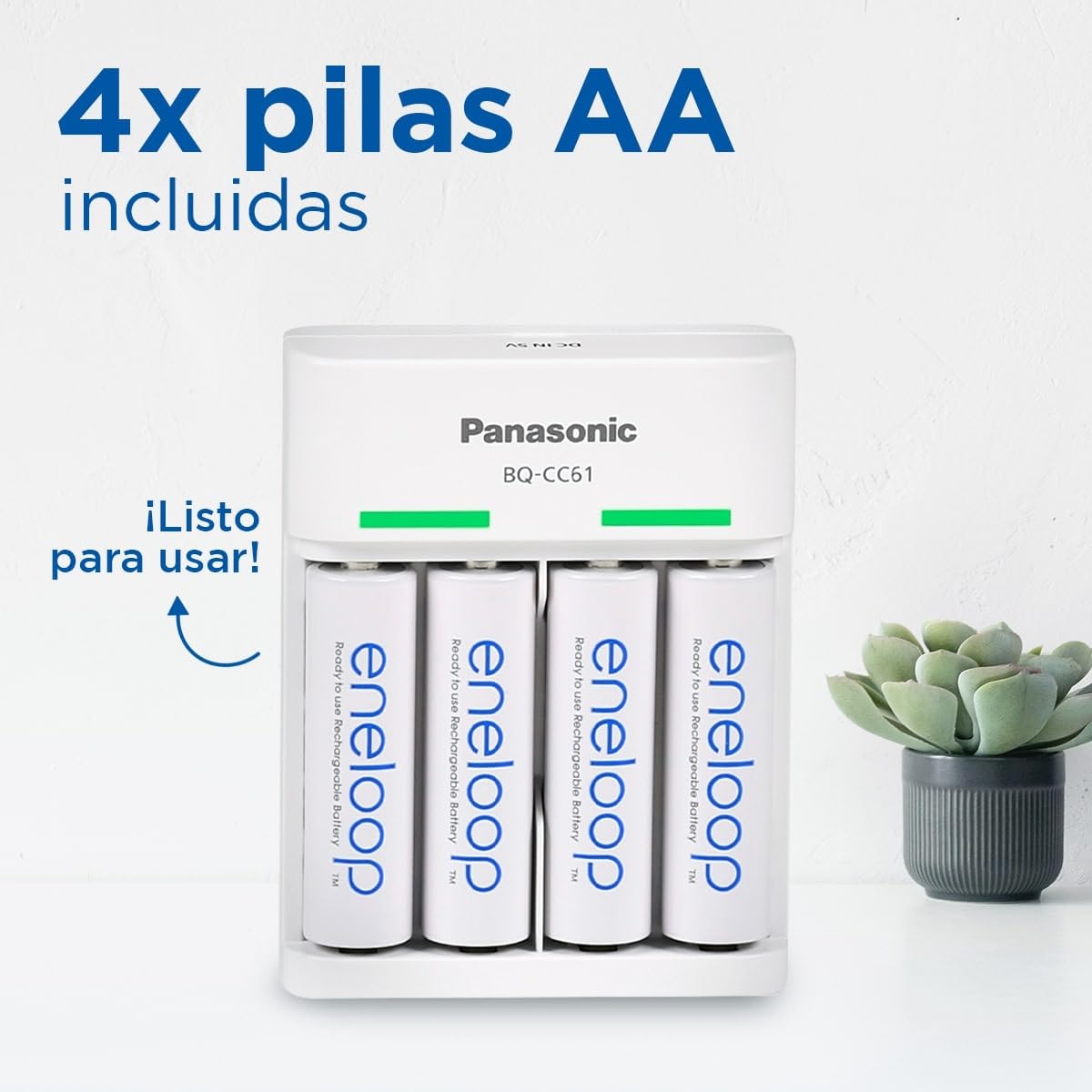 eneloop Basic Cargador USB, para 2 o 4 Pilas Recargables AA/AAA, 10h de Tiempo de Carga, 6 Funciones de Seguridad, 4 Pilas eneloop AA (2000 mAh) Incluidas