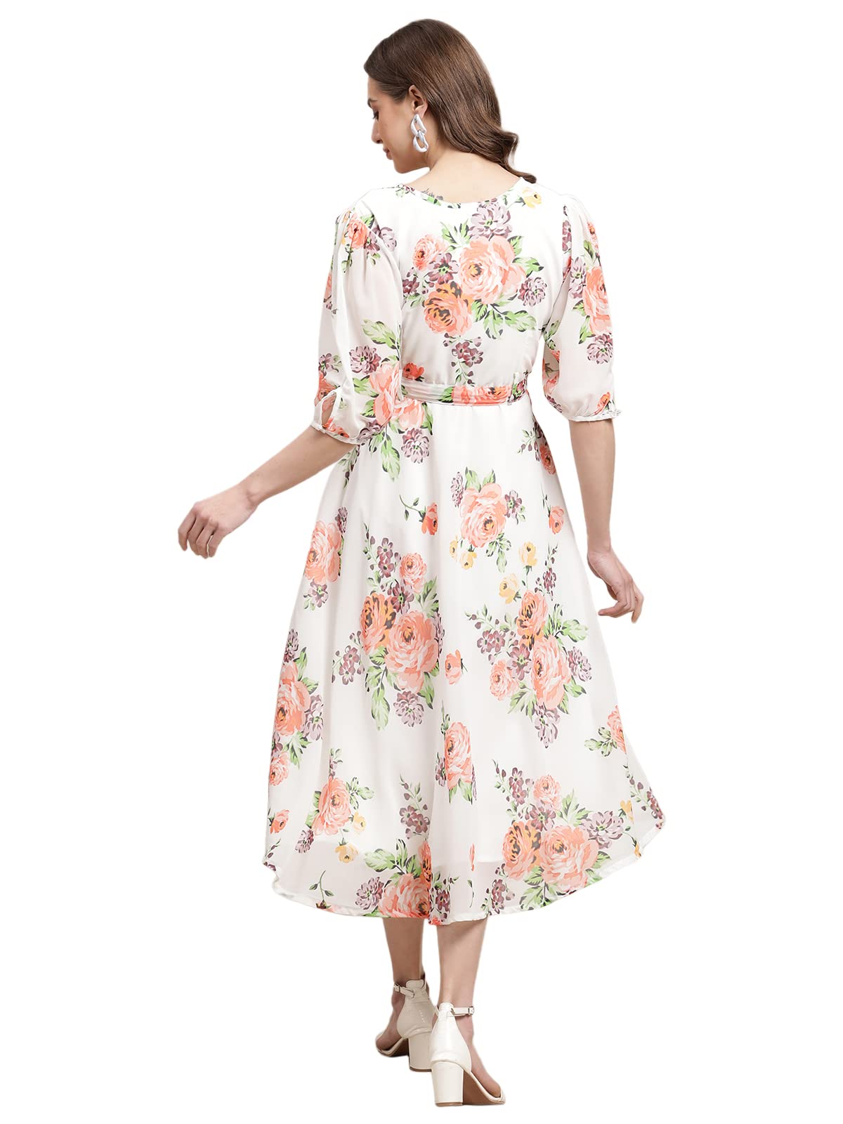 Preneum Women's Georgette Maxi Fit & Flare, Regular Sleeves, Long Gown Style, Casual Wear (In, Alpha, M, Plus, Off White)