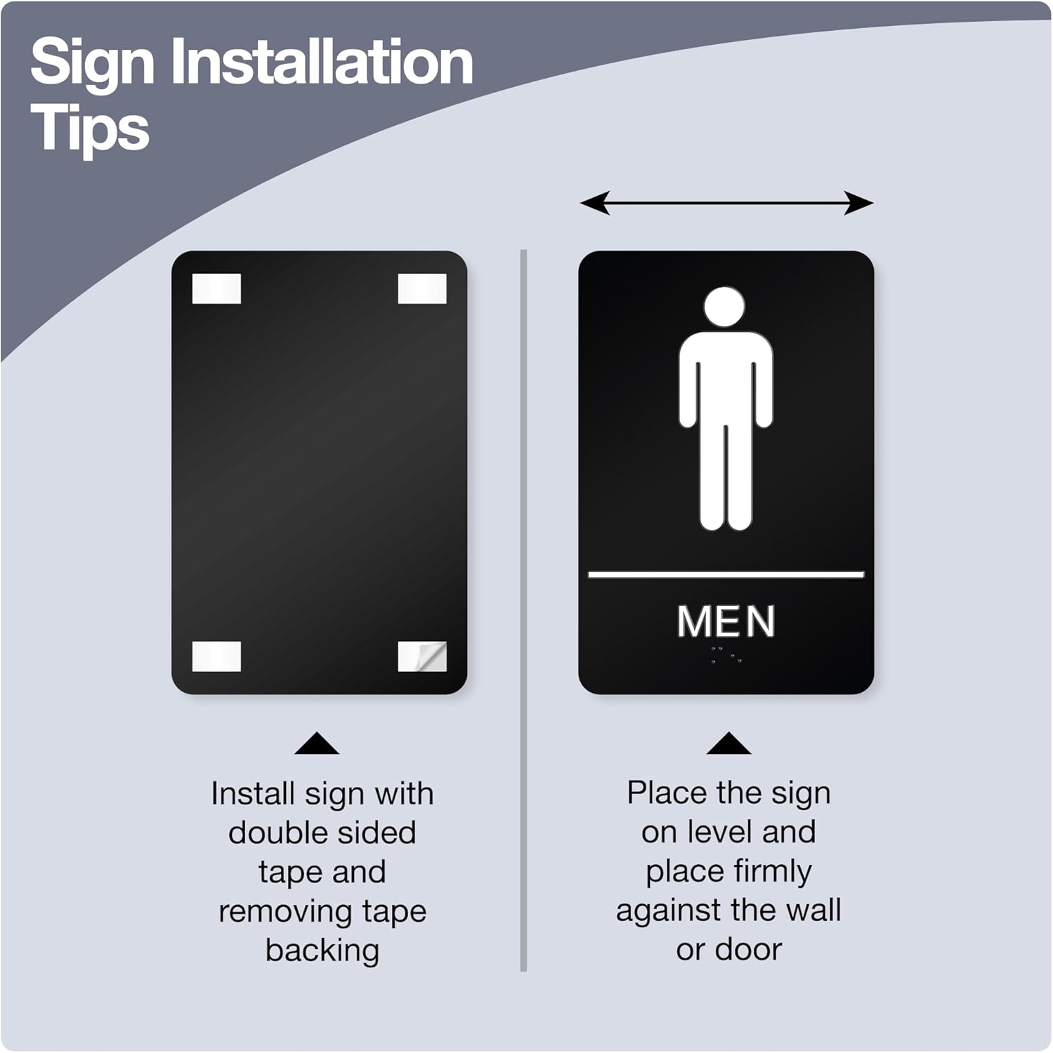 ADA Braille Men and Women Restroom Signs for Business with Double Sided 3M Strong Tape (Pack of 2) - ABS Plastic Bathroom Sign 9” x 6” for Offices and Restaurants