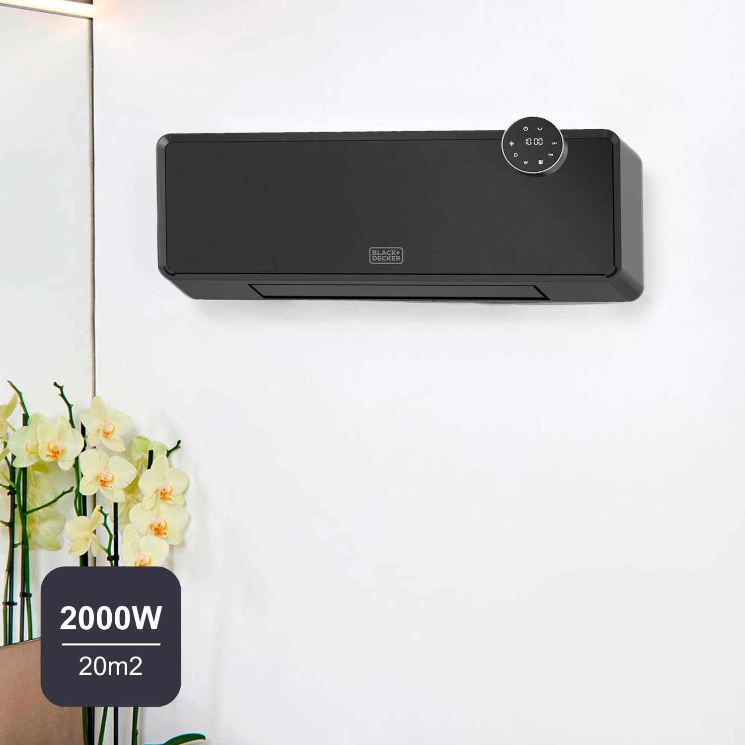 Black+Decker - Calefactor cerámico de pared BXWSH2001E | 2000W | Termostato regulable | Temporizador 24h | Control remoto | Pantalla LED | PTC | Oscilación automática | 20m2