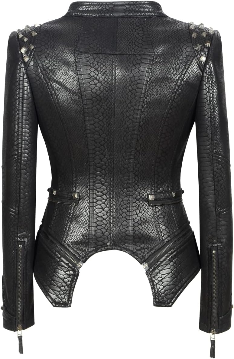 Fashion SX Womens Rivet Faux Leather Jacket Zipper Moto Biker Denim coat Motorcycle Outwear - Image 4