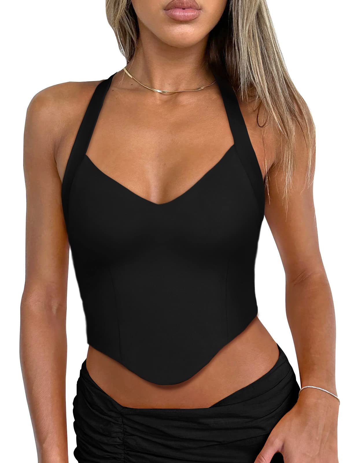 REORIA Women's Summer Sexy Halter V Neck Sleeveless Backless Y2K Trendy Crop Tank Tops for Going Out Black Large