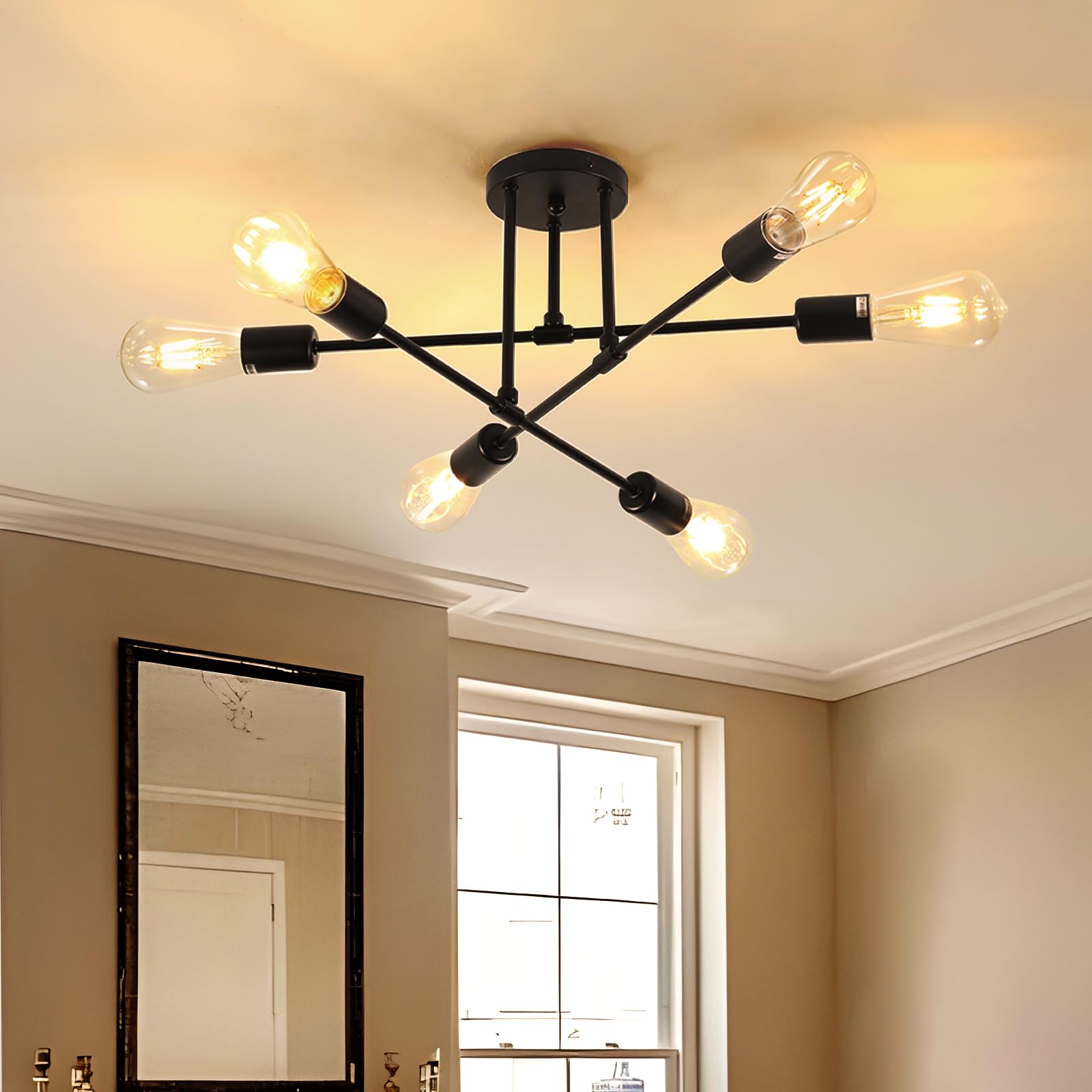 OTREN Lamparas de Techo Industriales, 6 Luces Lamparas Moderna Negro Plafon Techo Vintage para Sala de Estar Dormitorio Cocina Comedor, 220V, E27 Portalámparas (Sin Bombilla)