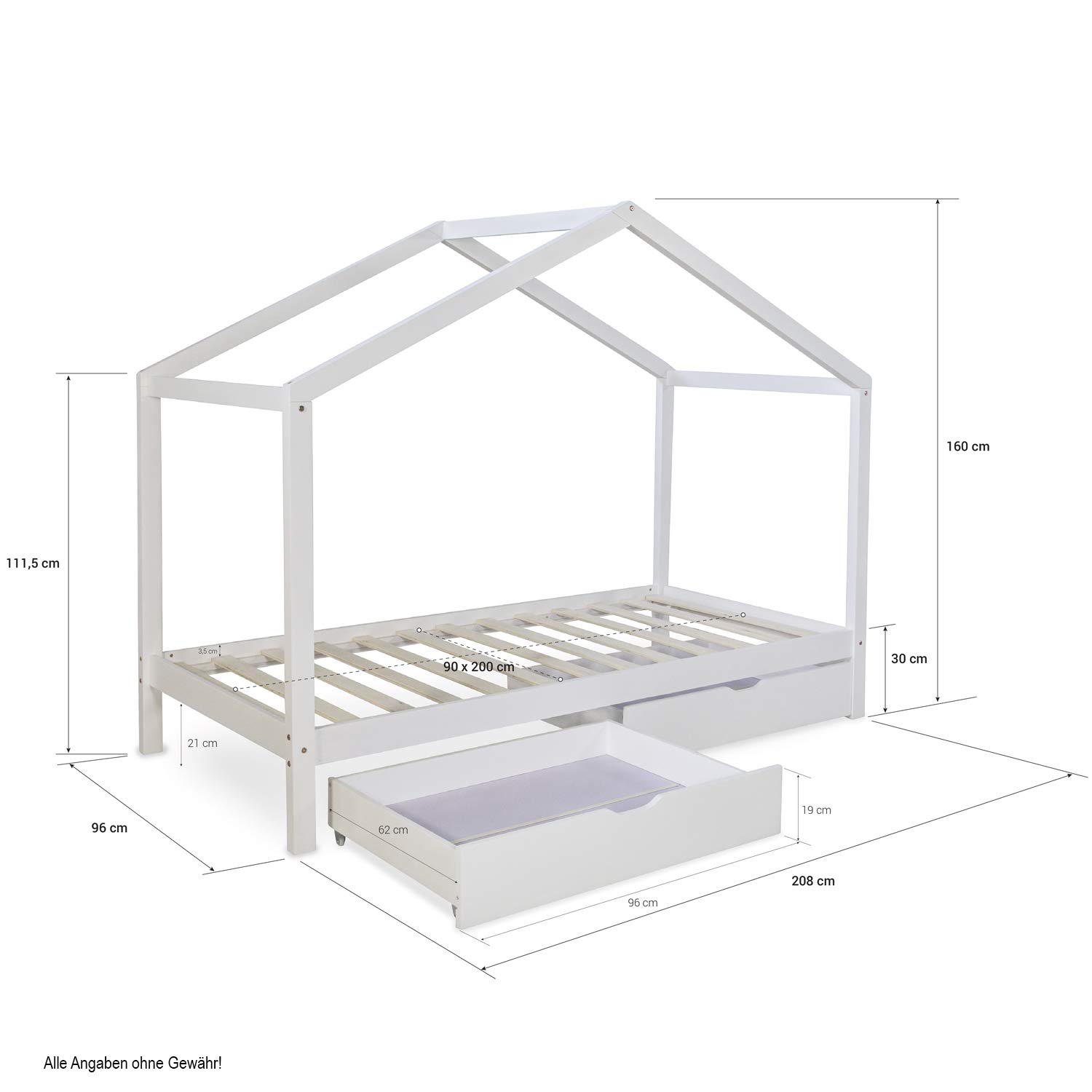 Homestyle4u Kinderbett 90x200, Hausbett Weiß mit Bettkasten