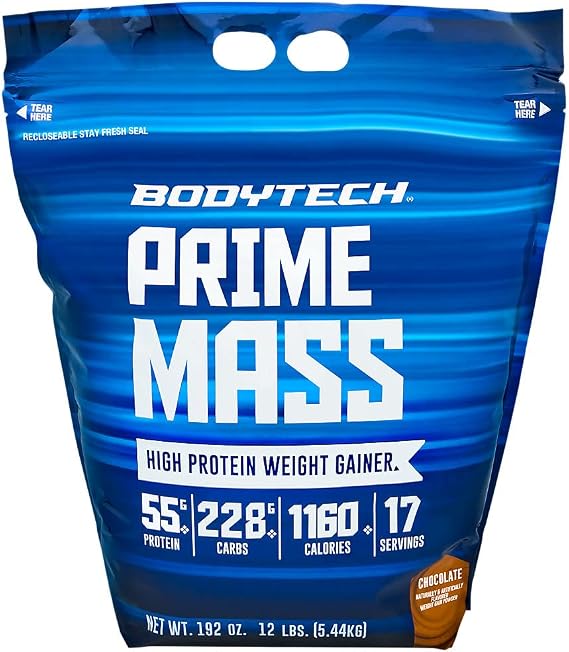BodyTech Prime Mass - High-Calorie Mass Gainer - Supports Muscle Growth & Weight Gain - Chocolate (12 lb, 17 Servings)