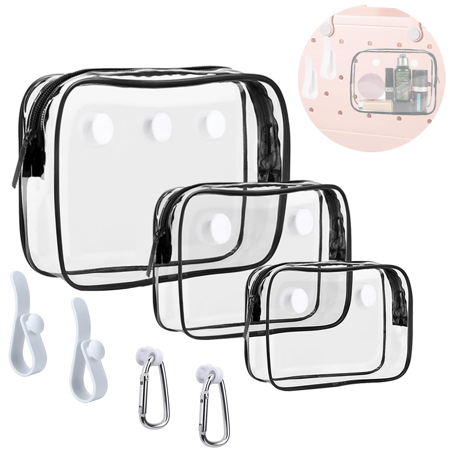 Everfunny 3 Packs Clear Bogg Beach Tote Bag with 2 Pack Insert Hooks Accessories for Bogg Bags Travel Makeup Clean Toiletry Brush Organizer Cosmetic
