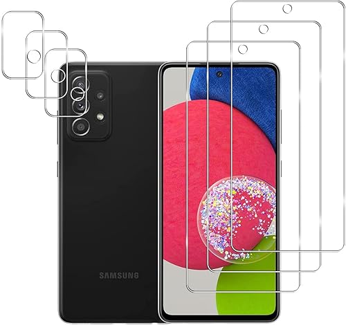 Paquete de 3 protectores de pantalla de vidrio templado para Samsung Galaxy A52 5G con 3 protectores de lente de cámara, transparente HD, dureza 9H, Paquete de 3 protectores de pantalla de vidrio templado para Samsung Galaxy A52 5G con 3 protectores de lente de cámara, transparente HD, dureza 9H,