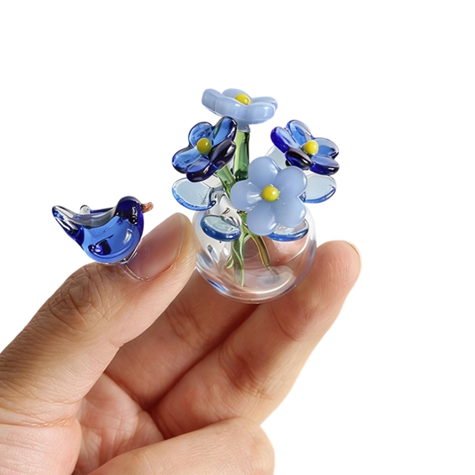OOLA.DETAL Crystal Bird Forget I Not Flower Figurines,Glass Bouquet Flower Collectibles Table Decoration Centerpieces