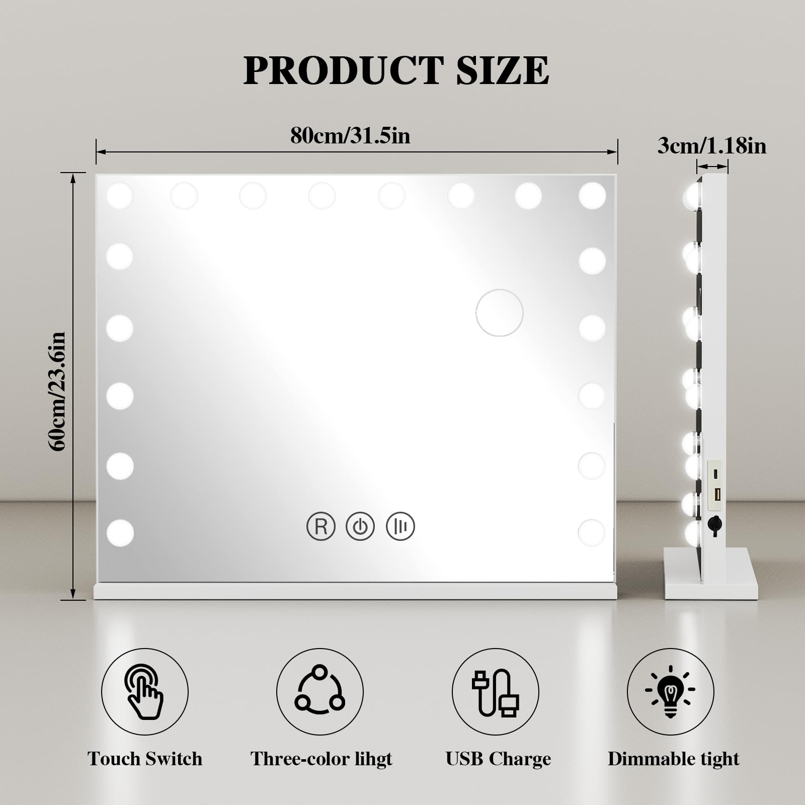 Lustro do makijażu 80x60 cm z 18 LED, możliwość ściemniania, 3 temperaturami barwowymi, z powiększeniem 10x, port wyjściowy USB, Sterowanie Dotykowe (Białe)