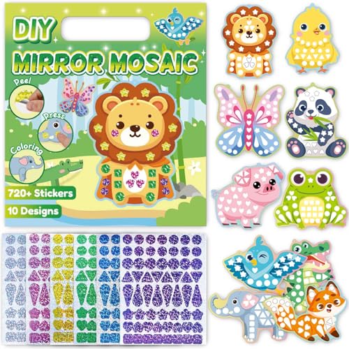 iGetooy 10 Sets DIY Mosaic Stickers for Kids Animal Art Craft Kit with 720+ Stickers Travel Toys for Kids Birthday Gifts for Girls and Boys 3-8 Year Olds