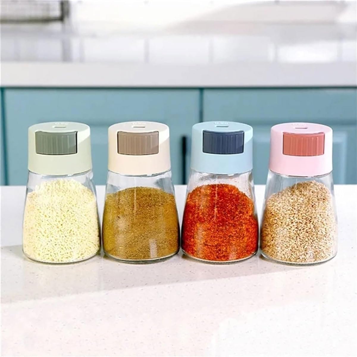 Jar Salt & Pepper Shakers,Salt and Pepper Shakers Precise Quantitative Push Type, 0.5g Metering Salt Shaker, Push Type Salt Shaker Dispenser, Pepper Spice Jar Container (Four Colors)