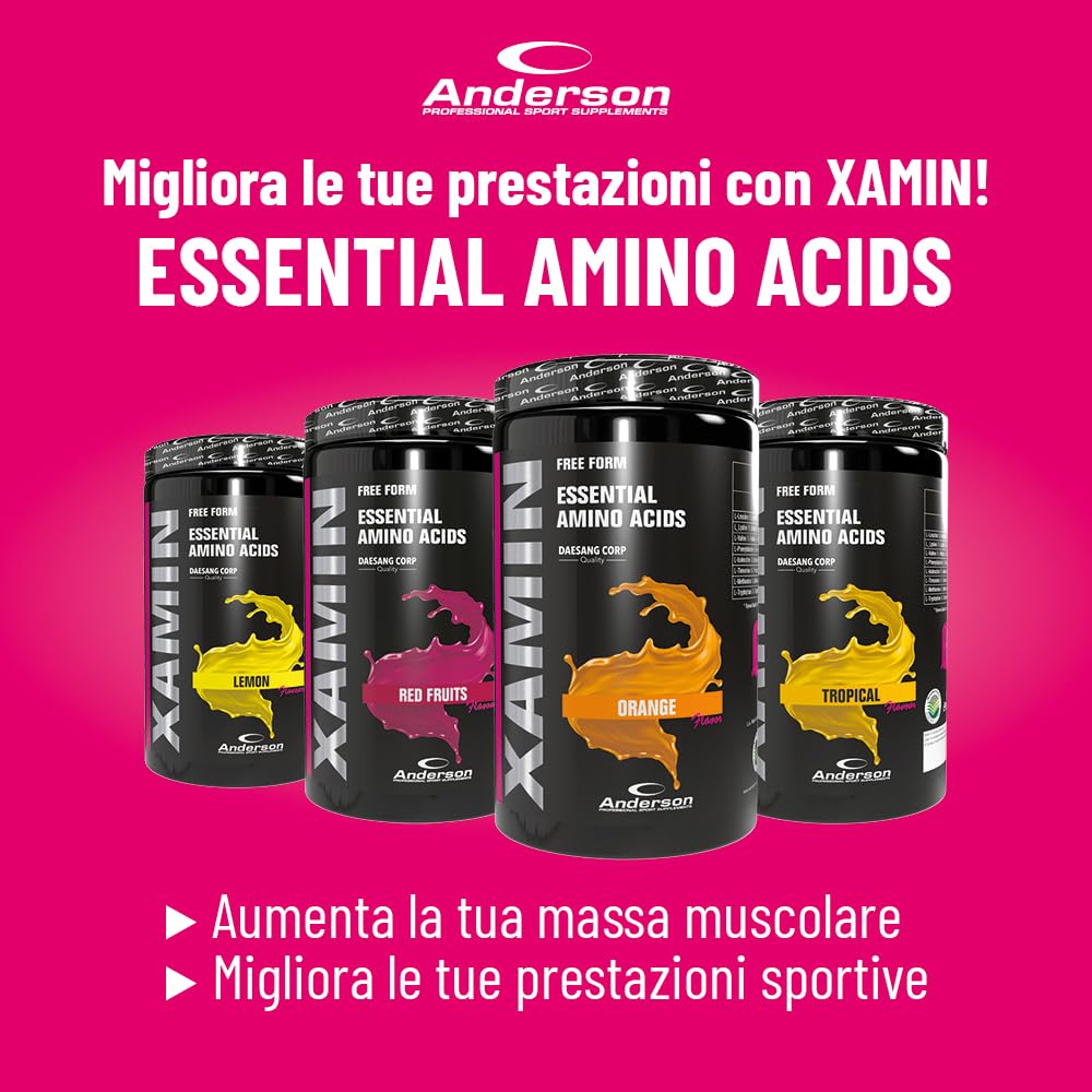 Anderson 312g Aminoacidi Essenziali - Red Fruit, 17.2% Leucina, 14.5% Lisina, 10.8% Valina, 9.4% Fenilalanina, 9.2% Isoleucina, 8.6% Treonina, 5.4% Metionina, 2.1% Triptofano - XAMIN