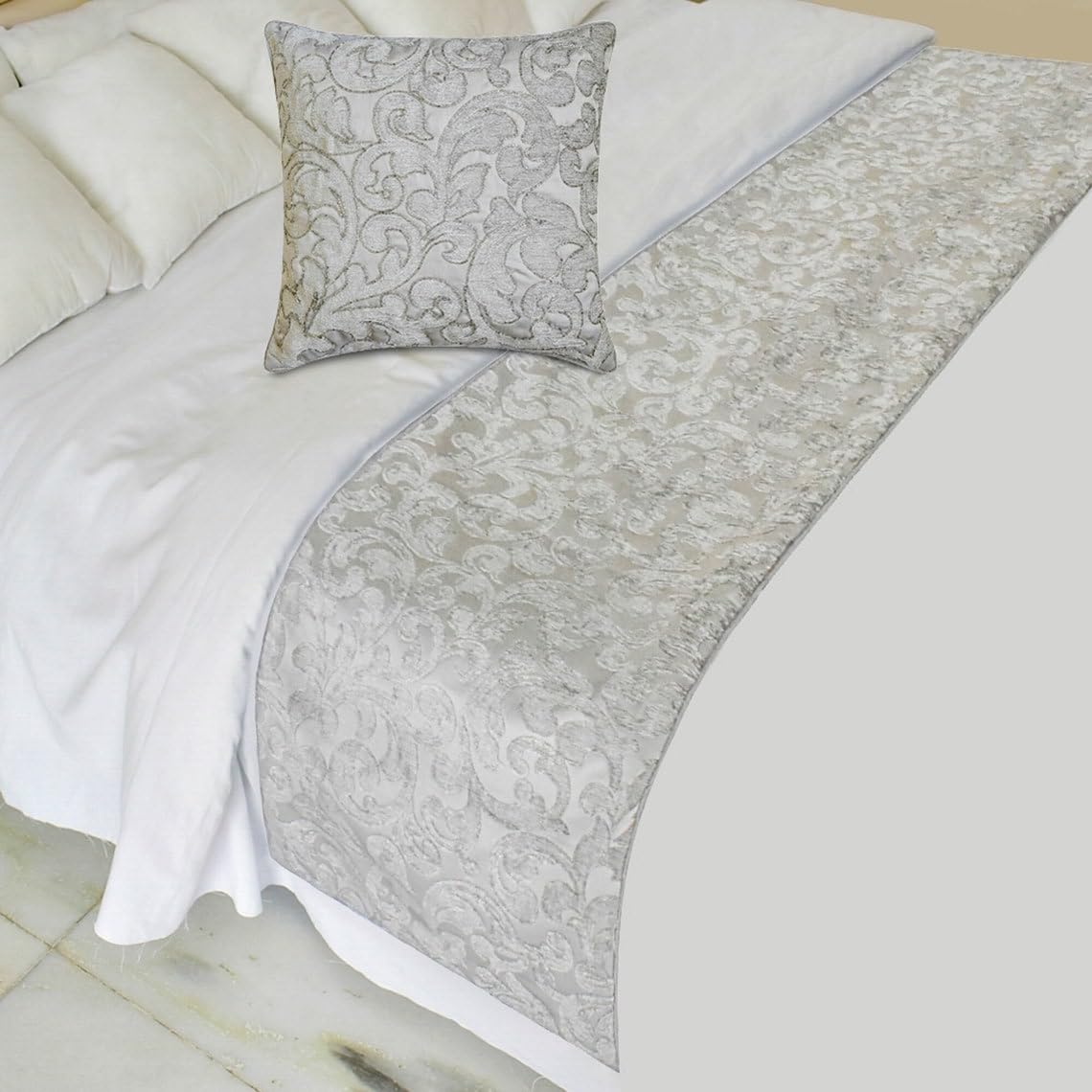 The HomeCentric King/Queen/Twin Silver Luxury Twin 133x45 cm Bed Runner WITHOUT Cushion Cover, Abstract, Floral, Bead Hand Embroidery Bed Scarf on Jacquard fabric - Ethereal Silver — image 1