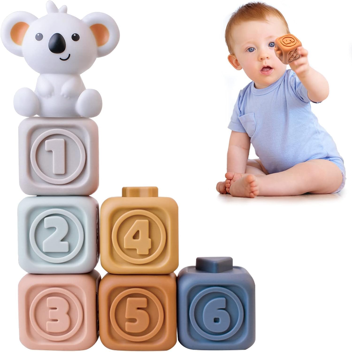 Montchi Pack of 7 Soft Building Blocks, Stacking Tower for Stacking Game, Squeeze Teething Baby Toy, Early Educational Toy Gifts for 6 12 18 Months Baby Toddler Boys Girls