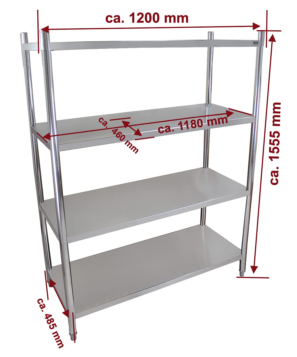 Beeketal 'BER4' Gastro Küchen Schwerlastregal mit 600 kg Tragkraft (150 kg pro Boden), Edelstahl Küchenregal mit 4 Regal Böden und justierbaren Füßen, (B/T/H) 120 x 48,5 x 155,5 cm, Gewicht: 19 kg