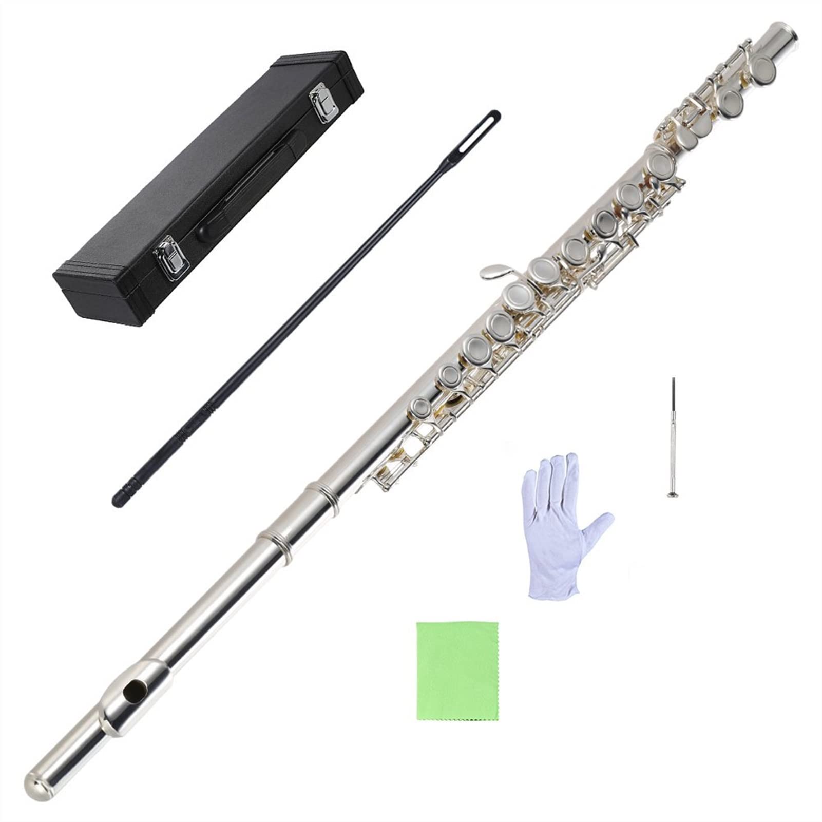 ZUZU Flauta De Llave C, Cuproníquel Plateado, 16 Orificios Cerrados con Estuche, Destornillador, Instrumentos De Viento para Principiantes Kit Flauta