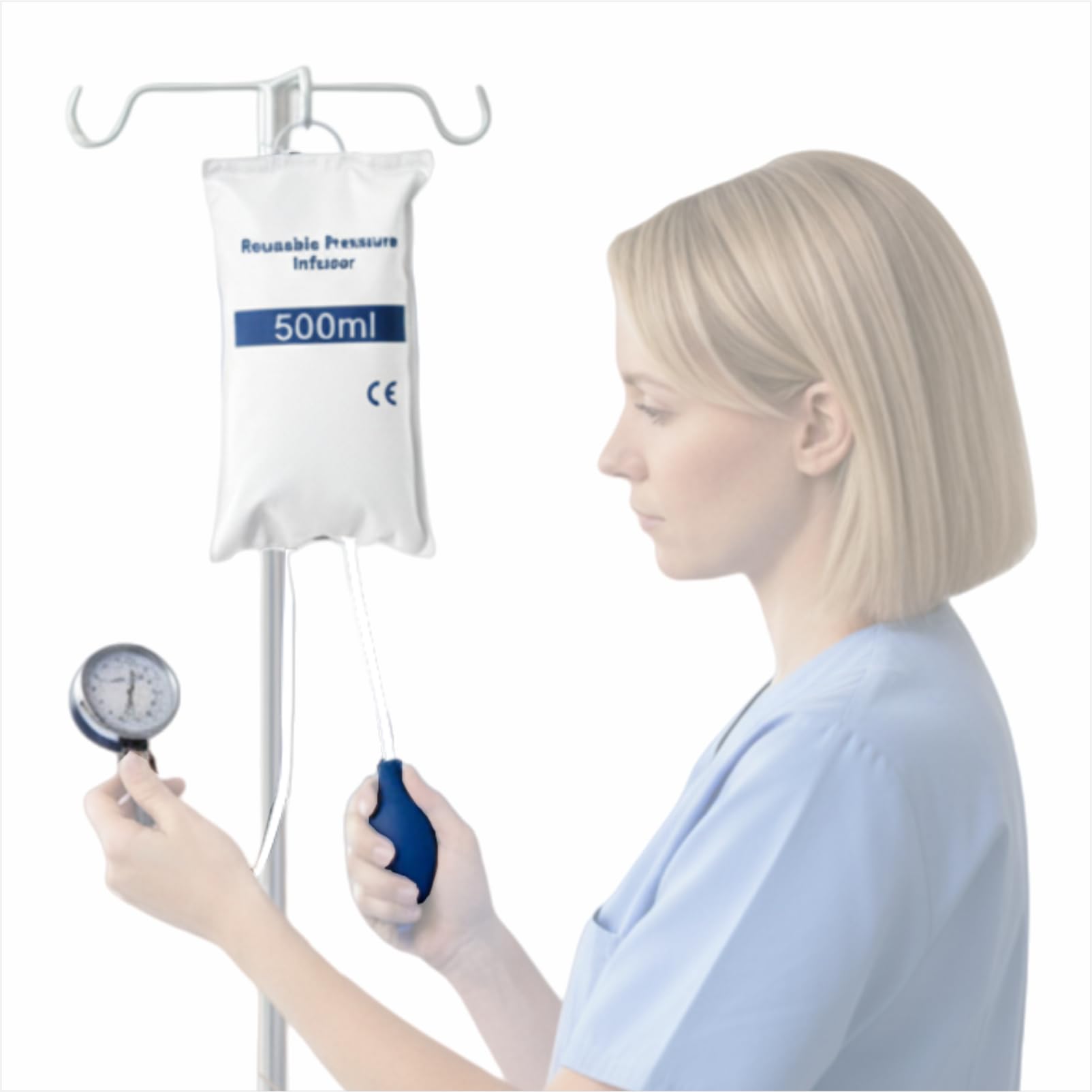 Sac de pression portable de 500 ml – Manchette de fluides IV avec jauge et pompe pour une utilisation d'urgence et clinique, matériau composite en nylon durable (blanc)