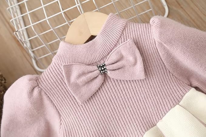 Image of Bold N Elegant Baby Girl's Winter Warm Woolen Full Sleeve Tulle Tutu Dress Frock with Bows for Infant Toddler Teedler Girls