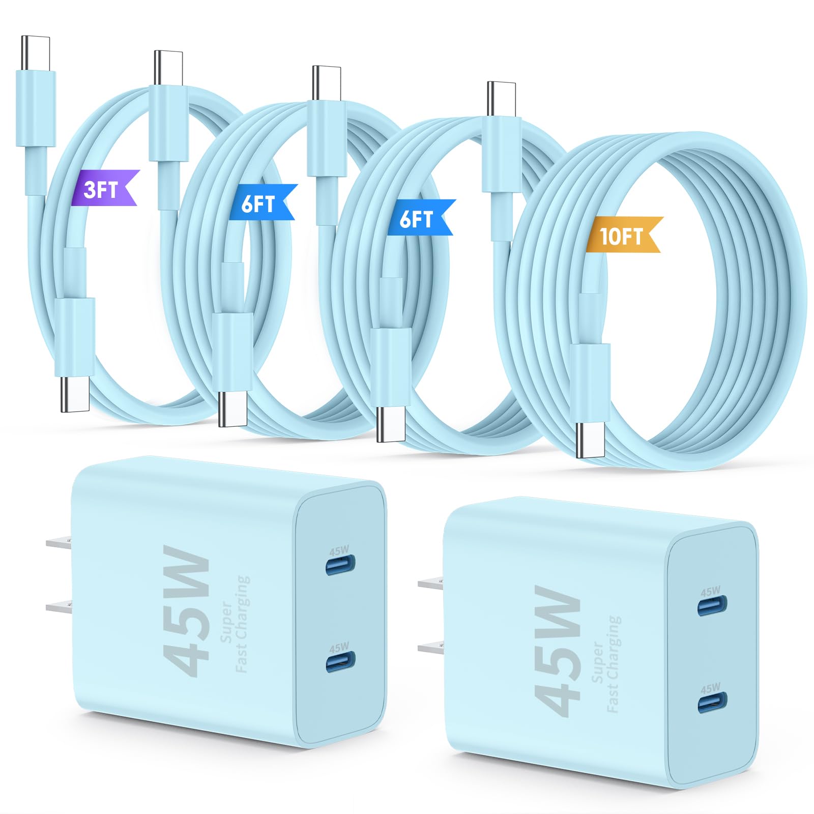 QZIIW Super Fast Samsung Charger Type C 45W Dual Port USB C Fast Charger Block 2-Pack Extra Long