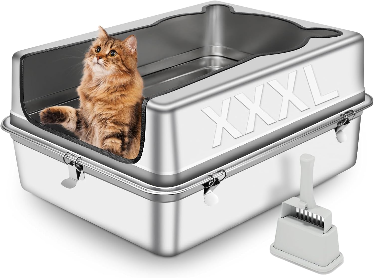 extra large stainless steel cat litter box, 27.5" l x 19.7" w x 12" h xxxl semi enclosed removable metal litter tray with high sided enclosure, scoop, anti-leakage, non-sticky, easy cleaning silver gray: xxxl 12"h