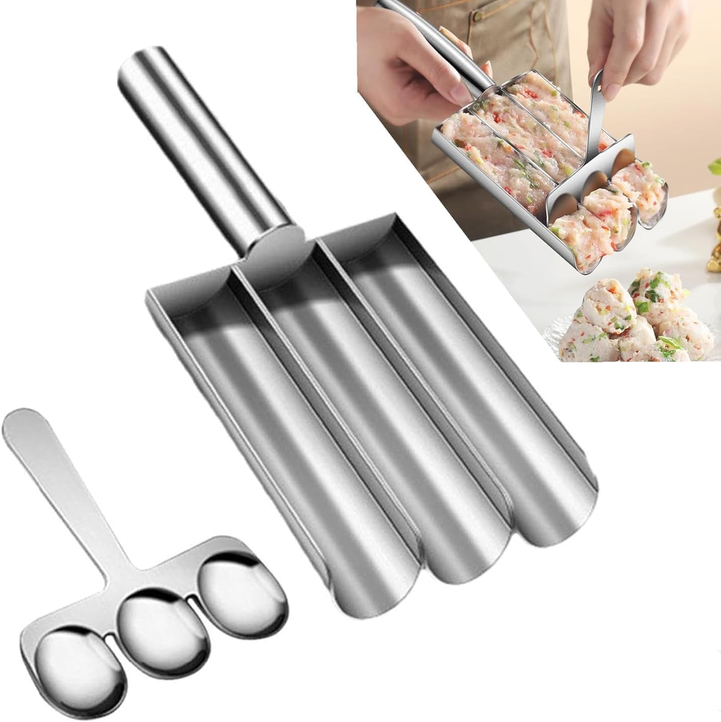 Meatball Scoop Maker, Meatball Shape Ball Maker, Stainless Steel Kitchen Manual Meatball Maker, Meatball Maker Tool, Three Tubes None-Stick Meatball Maker With Scraper, For Cookie Dough Home Cooking