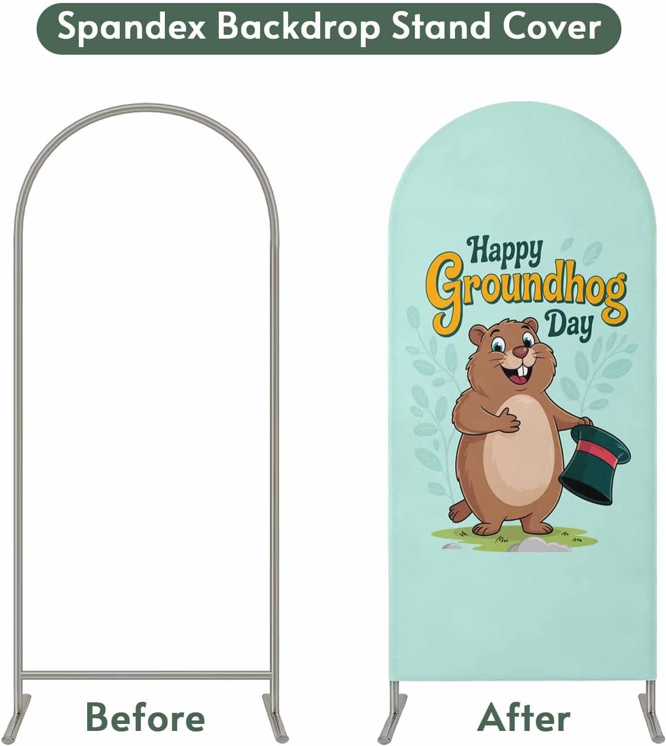 5FT Arch Backdrop Covers, Happy Groundhog Day Wedding Arch Cover Stretchy, Green Hat Spring Animals Mint Green Chiara Arches Backdrop Stand Covers for Birthday Baby Shower Party Banquet Decor