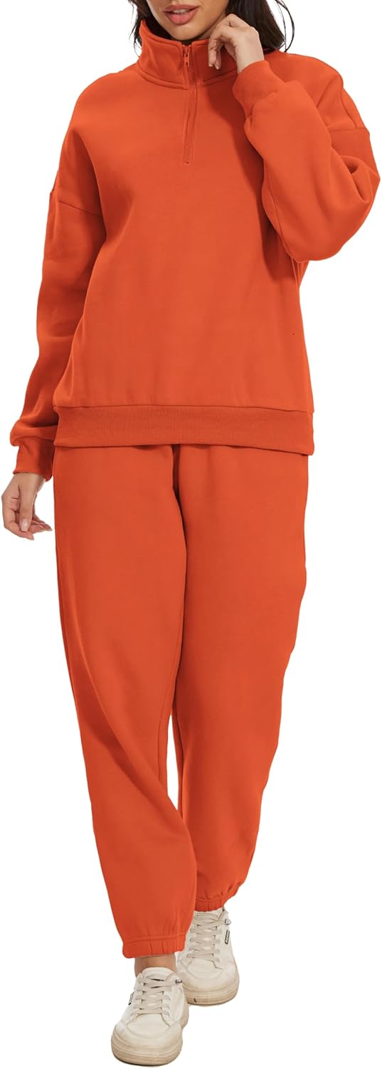 Women Oversized Long Sleeve Sweatsuit Half Zip Sweatshirt & High Waisted Pants 2 Piece Outfits With Pockets