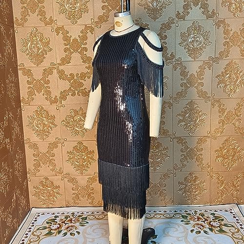 Image of Cololura Sexy Elegant Women Sequin Long Sleeve Tassel Bodycon Midi Dress Party Evening Gown Formal Dress