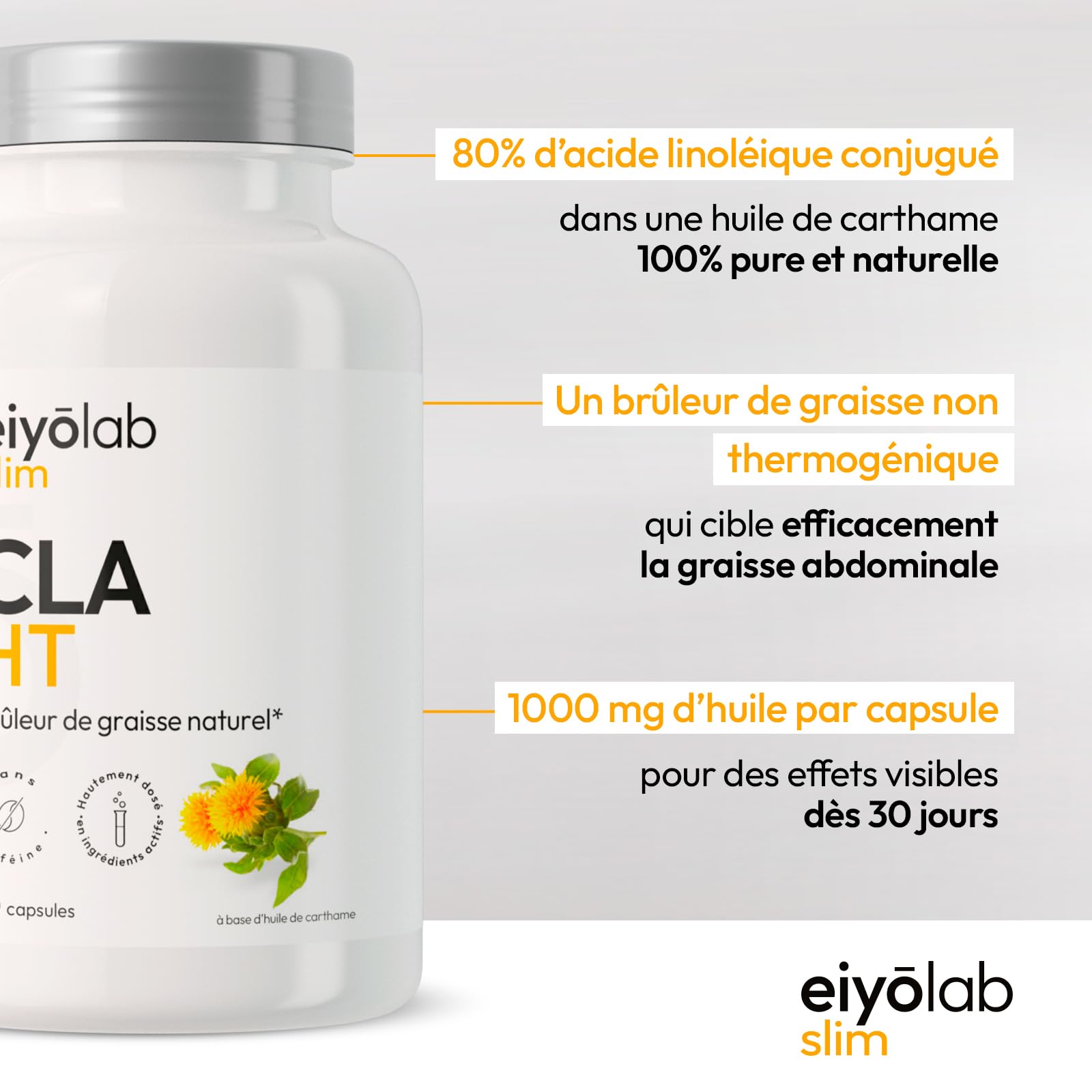 CLA HT | 3000mg par Portion | Bruleur de Graisse Naturel | Action Ciblée sur la Ceinture Abdominale | 80% d’Acide Linoléique Conjugué | 90 Capsules pour Homme et Femme | Made in France | Eiyolab