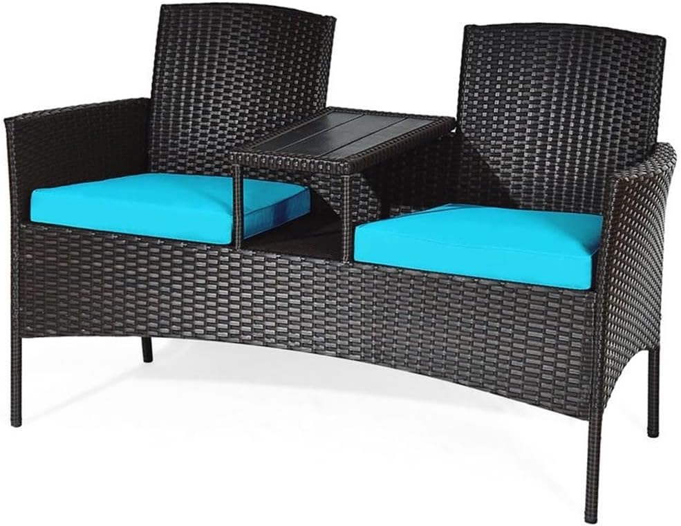 Pemberly Row Rattan Steel Patio Loveseat Sofa Set, 54.5"x24"x33.5", Turquoise Cushions, Weather-Resistant PE Rattan, Built-in Coffee Table, Compact Design for Outdoor Patio, Porch, or Balcony Use