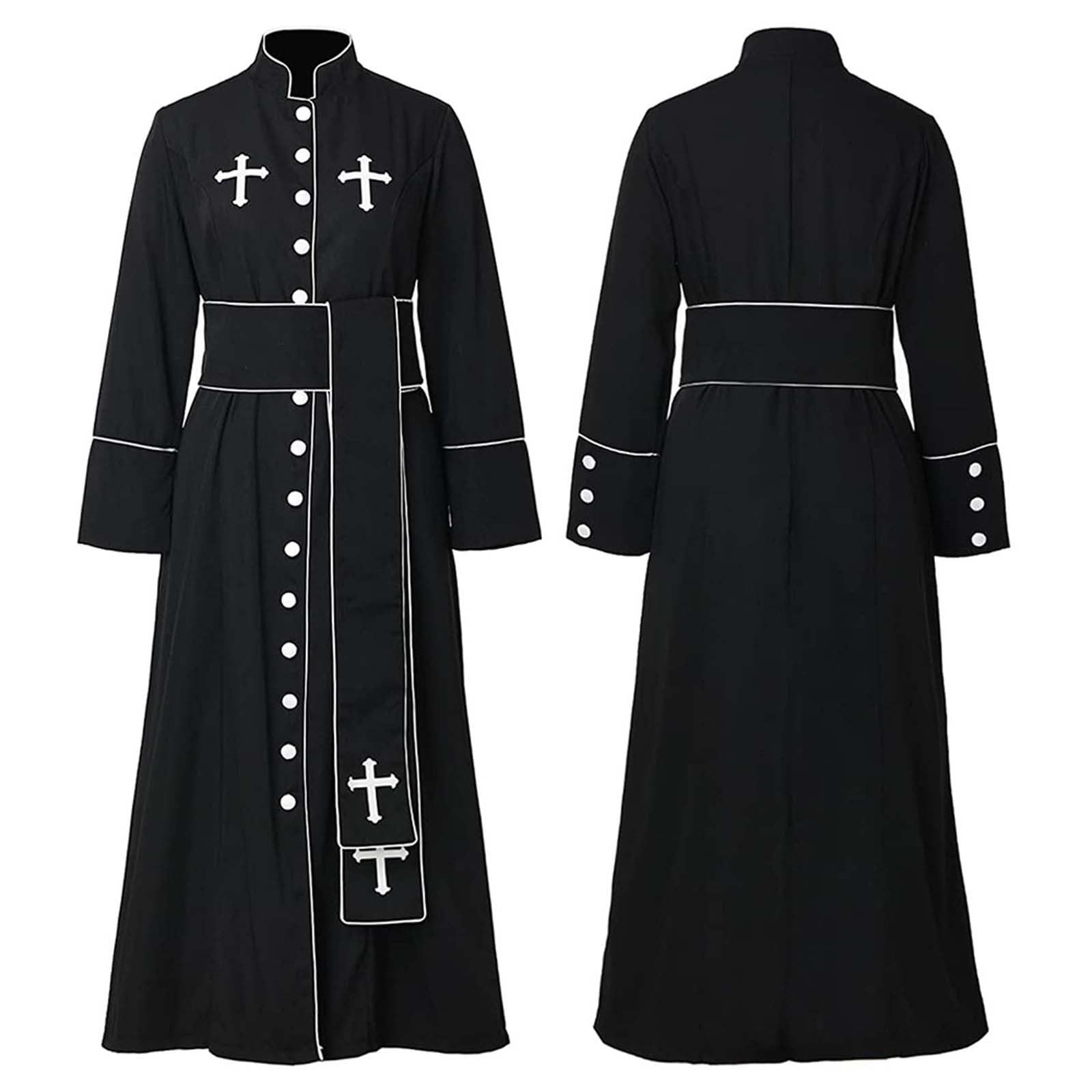 Priest Costume Men's Roman Catholic Church Priest Soutane Robe with Stand-Up Collar Pope Bishop Pastor Clergy Robes Religious Priest Costume Halloween Cosplay Outfit